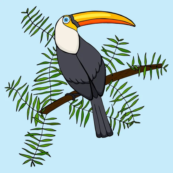 触觉图标是一种扁平的卡通风格 异国情调的鸟儿坐在热带地区的树枝上 被蓝色背景隔离了矢量说明 — 图库矢量图片