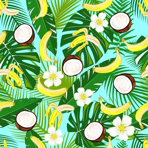 异国情调的热带植物由棕榈香蕉叶 蓝色背景的天堂花组成 花的流行无缝矢量模式 手绘时尚壁纸 织物的设计 — 图库矢量图片