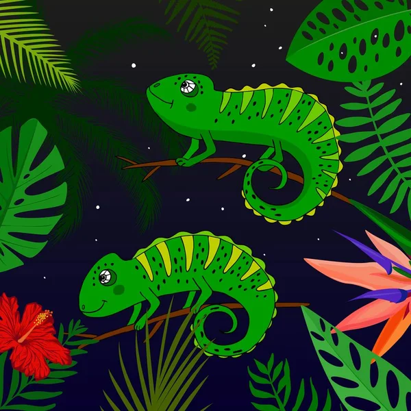 Roztomilý Kreslený Chameleon Tropickými Listy Květinami Vektorová Ilustrace Ručně Kreslený — Stockový vektor