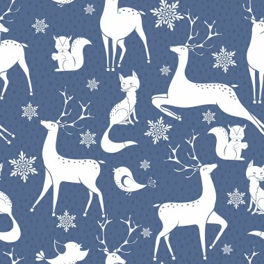 Kar taneleri, geyikler, tilkiler ve kuş kuşlarıyla kışın kusursuz vektör deseni. Duvar kağıdı, şablon dolguları, yüzey dokuları, kumaş baskıları için kullanılabilir.