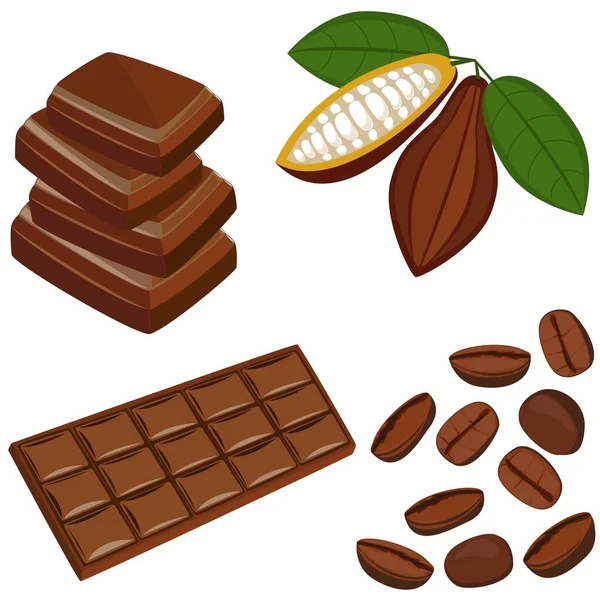 Fagioli Cacao Crudi Barretta Cioccolato Spuntino Dolce Chicco Caffè — Vettoriale Stock