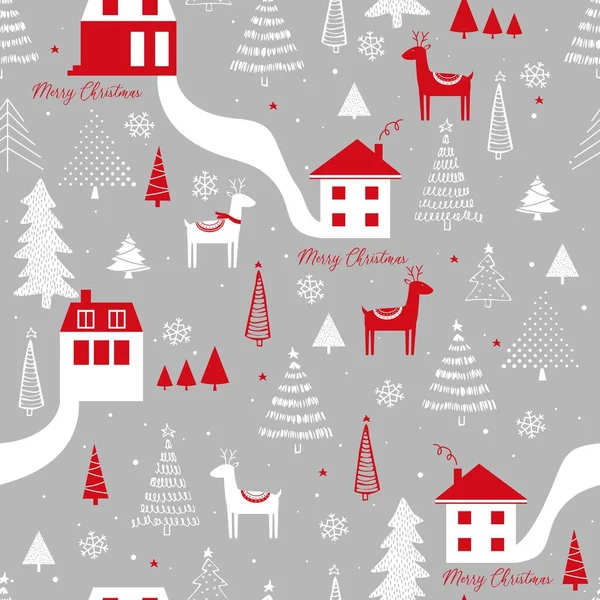 Funny Seamless Vector Pattern Deers Houses Snowflakes Christmas Tree Can — Stock Vector