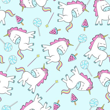 Küçük tek boynuzlu atlar, sihirli değnek, dondurma ve mavi arka planda lolipop. Çocuk kıyafetleri, kumaş ve telefon kılıfı için ideal..
