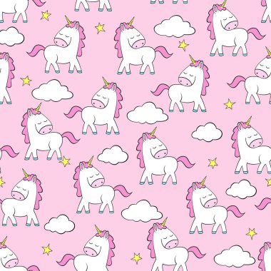 Pembe arka planda küçük tek boynuzlu atlar, yıldızlar ve bulutlar olan kusursuz bir desen. Çocuk kıyafetleri, kumaş ve telefon kılıfı için ideal..