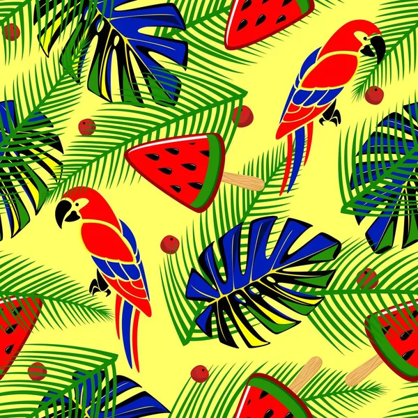 Květinové Pozadí Tropickými Listy Papoušky Žlutém Pozadí Vektorový Bezešvý Vzor — Stockový vektor