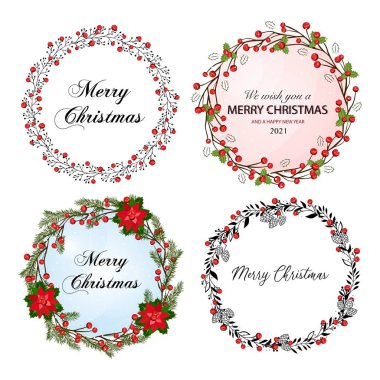 Noel şablonunu daldan tut ve çelenkli Rowan üzümünü. Tatil, kusursuz dekorasyon. Kartpostallar, selamlar, kartlar, logolar için resim.