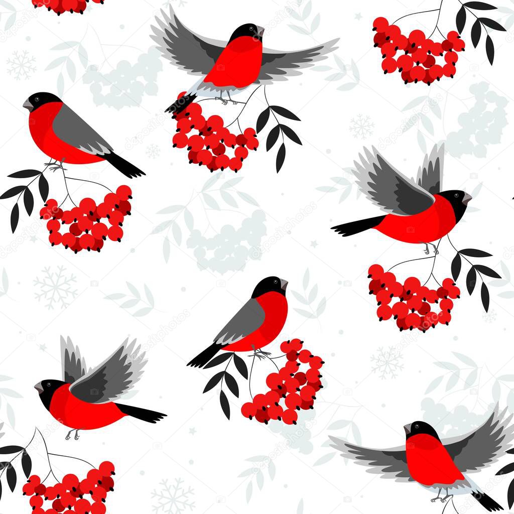 Christmas seamless pattern with rowan berry and bullfinch on blue background. Vector background for fabric, wrapping paper and greeting card
