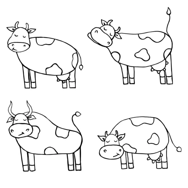 Funny Cow Cartoons Sketch Set Black White Outline Vector Illustrations — Stock Vector