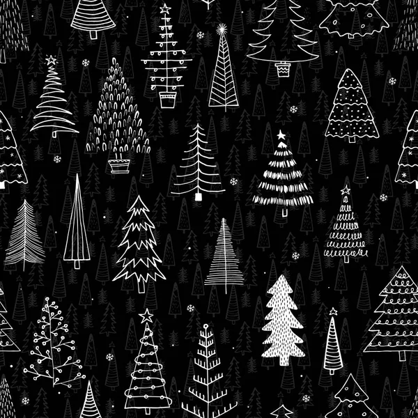 Modèle Sans Couture Avec Différents Arbres Noël Doublure Noire Dessin — Image vectorielle