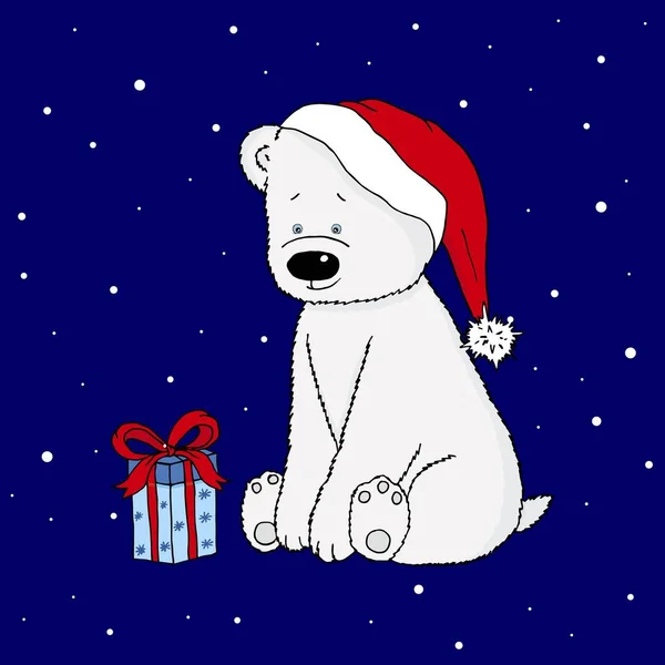 Polar White Bear Gift Box Present Red Santa Hat Scarf — Stock Vector