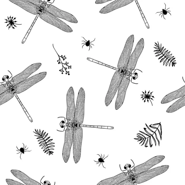 无缝隙的蜻蜓图案 黑色和白色的蜻蜓 叶和蜘蛛 适用于织物 纺织品 纸张等的印刷 — 图库矢量图片