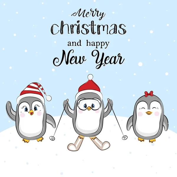 有趣的企鹅 戴着圣诞红帽子 带三只卡通企鹅的节日贺卡及圣诞贺信 — 图库矢量图片