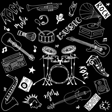 El çizimi rock ve pop müzik teması siyah zemin üzerinde izole, müzikal enstrümanlar teması karalama seti. 