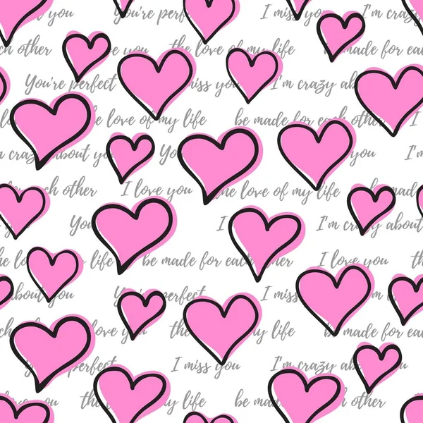 ロマンティックテキストでシームレスにピンクの心 生地や包装紙のための印刷 — ストックベクタ