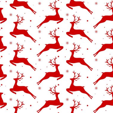 Kırmızı geyikler ve kar taneleriyle kusursuz desen. Giysiler, mutfak tekstili ve ambalaj kağıdı için Noel baskısı.