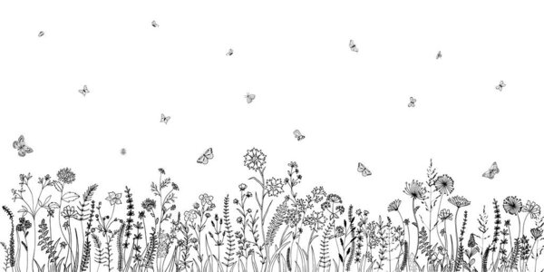 Wildflowers and grasses with various insects. Fashion sketch for various design ideas. Monochrom print.
