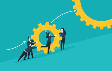 Vites ve oklarla çalışan insanlar - iş yönetimi ve çalışma süreci kavramsal illüstrasyon - vektör kavramı