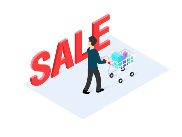 Isometric man with shopping cart — Stock Vector