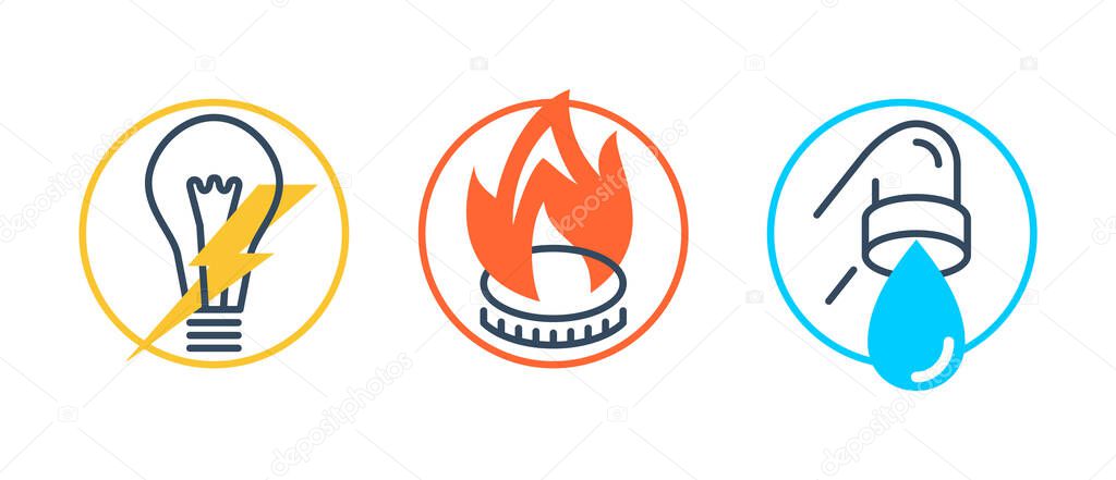 Technical building system icons set - electricity, gasification and water supply - vector signs for site architectural plan