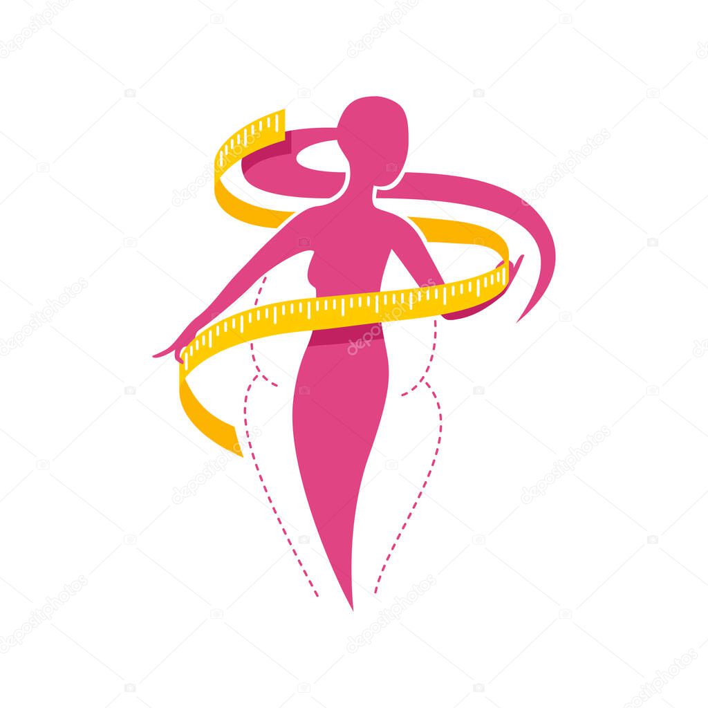 Weight loss concept - diet program logo (isolated icon) in form of abstract woman silhouette (fat and shapely figure) with measuring tape around