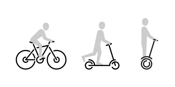 Bicicleta, patada scooter y giroscooter iconos — Vector de stock