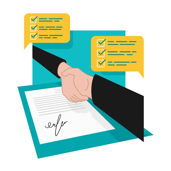 Handdruk en contract met handtekening — Stockvector