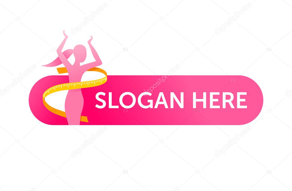 Nutritionists recommended sign -  Weight loss diet food logo (isolated button) - abstract woman silhouette with measuring tape around