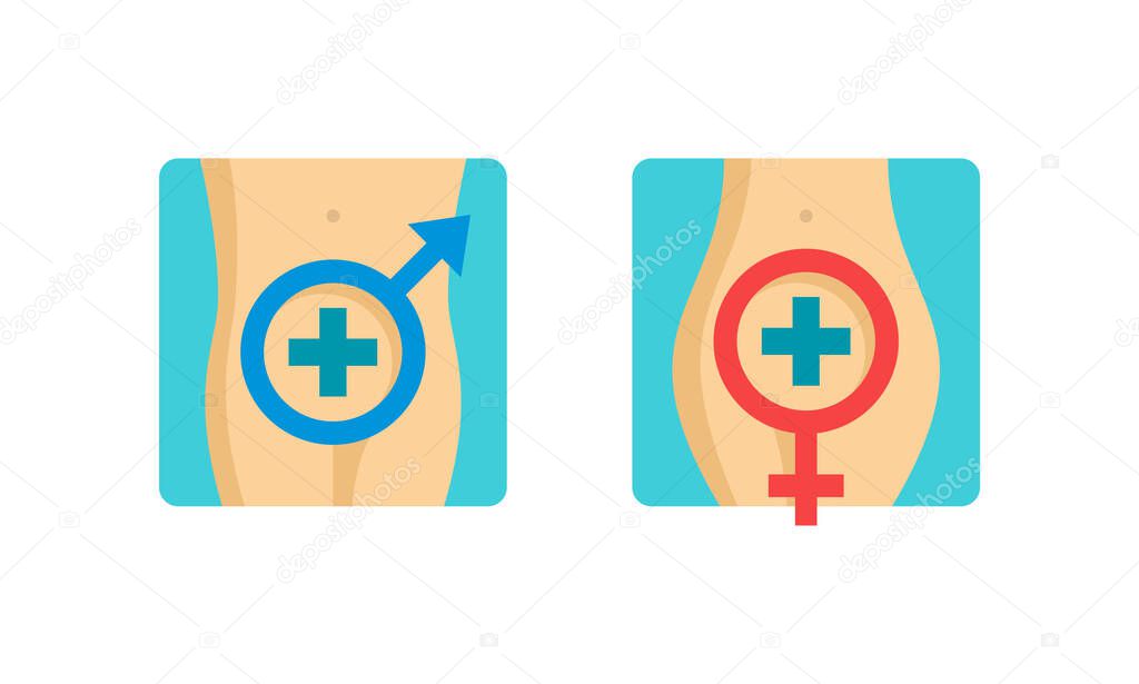 Andrology and Gynecology icon set  - Venus (male) and Mars (female) signs inside man and woman body - medical gender isolated vector logo