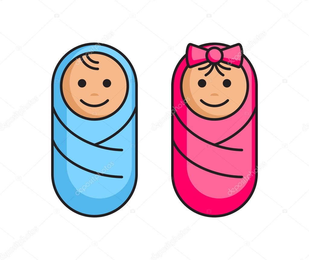 Baby icon in two variations - newborn swaddled boy and girl - flat cartoon little children
