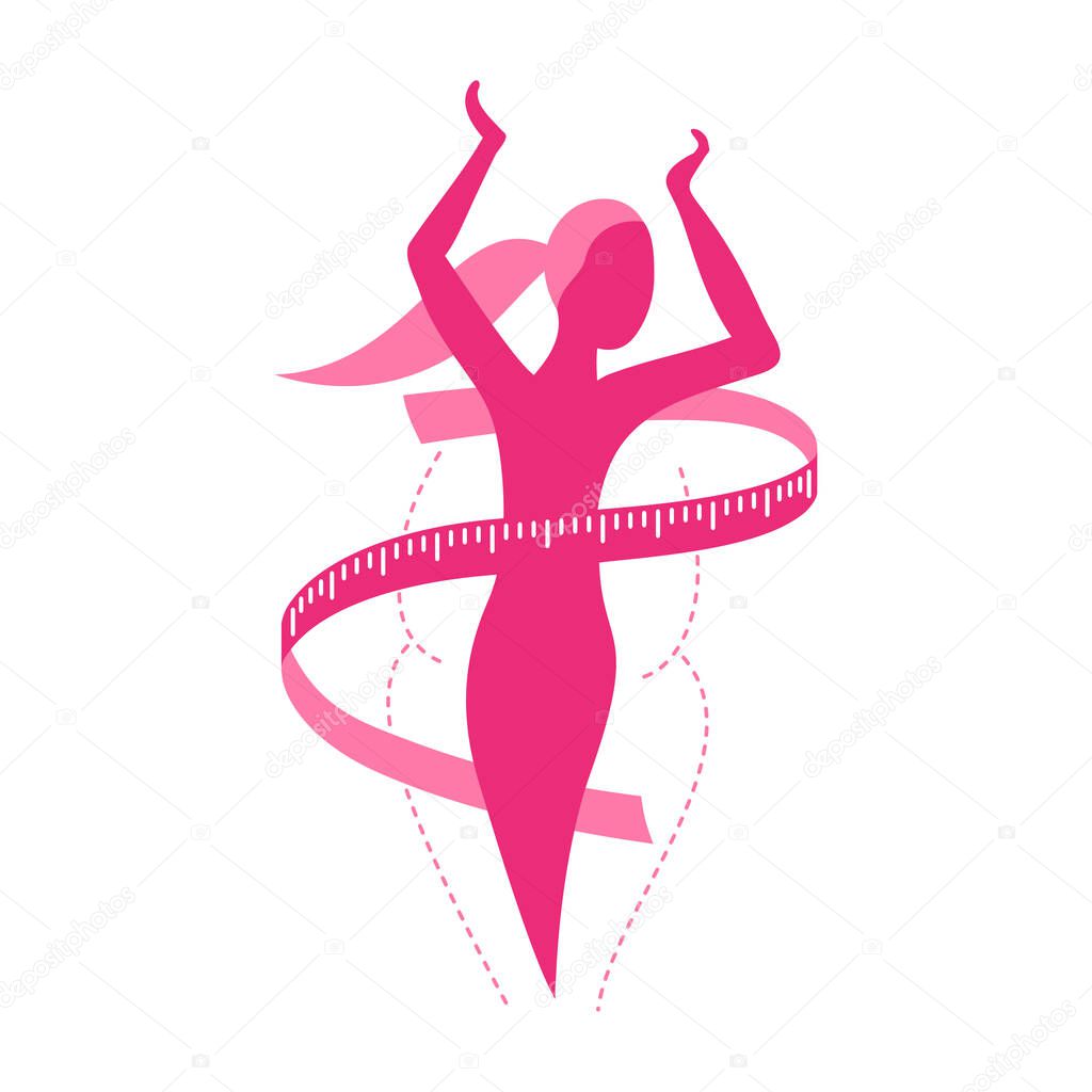 Weight loss challenge diet program logo (isolated icon) - abstract woman silhouette (fat and shapely figure) with measuring tape around