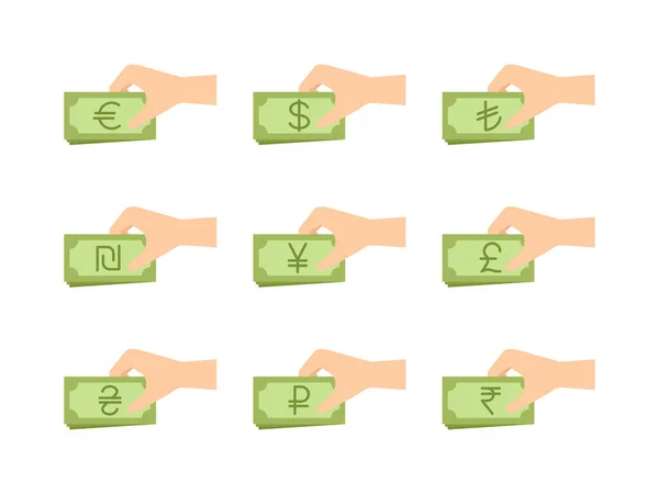 Рука тримає грошову банкноту з символами валюти — стоковий вектор