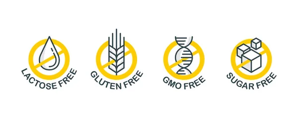Lactose free sign, Sugar free, Gluten free, GMO — Stock Vector