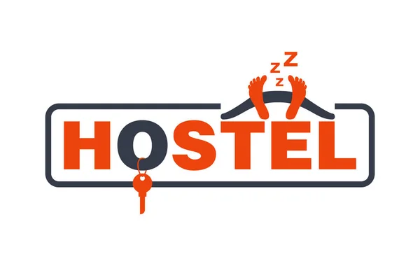 Hostel logo - bedroom, key and sleeping character — Stock Vector