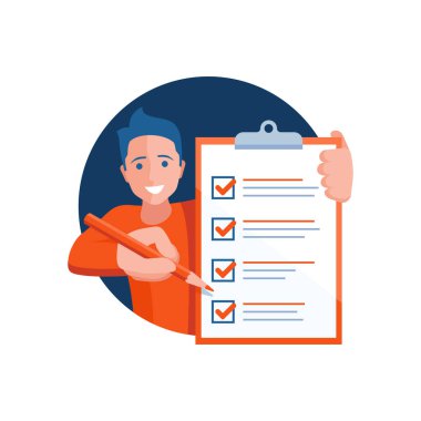 Liste simgesi - listeyi tamamlamış gülümseyen adam 