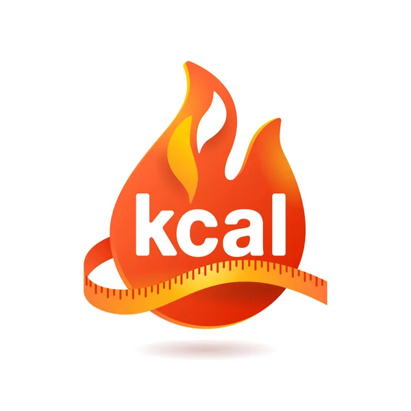 Icono kcal - emblema kilocaloría con fuego y cinta — Archivo Imágenes Vectoriales