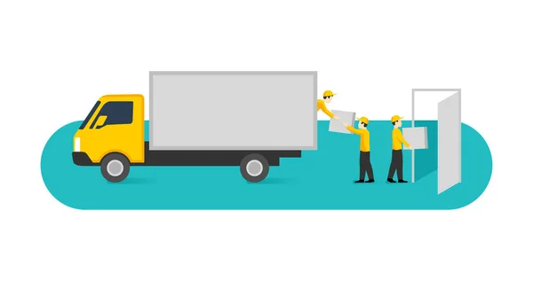 Грузовой грузовик и группа людей, которые перевозят коробки — стоковый вектор