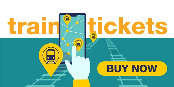 Tickets online - telefoon met kaart en treinstation — Stockvector