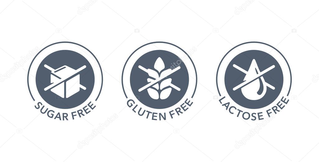Sugar free, Gluten free, Lactose free stamps set - vector packaging marking tags - food cover decoration elements for healthy nutrition products