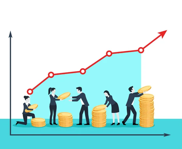 Gente de negocios equipo pila monedas en gráfico de crecimiento — Vector de stock