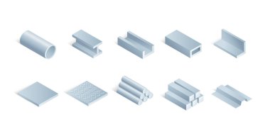 İzometrik simgelerden oluşan yuvarlanmış metal seti