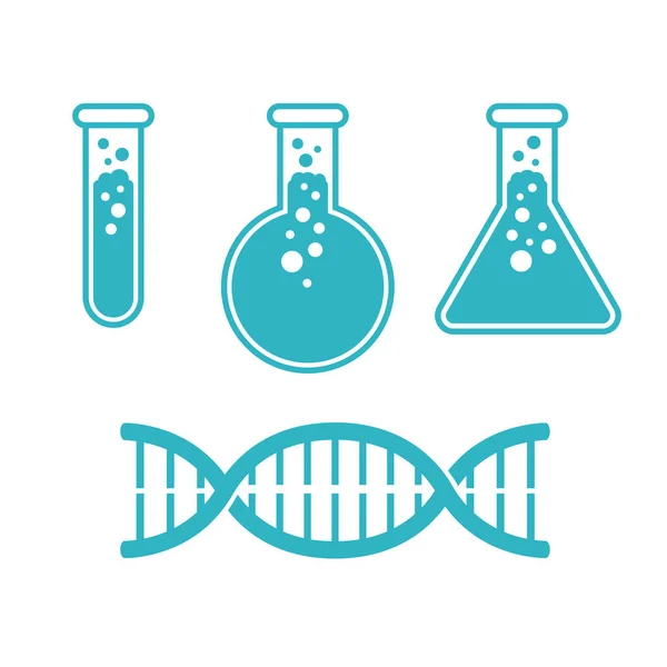 Equipo de laboratorio conjunto - frasco de prueba y cadena de ADN — Vector de stock