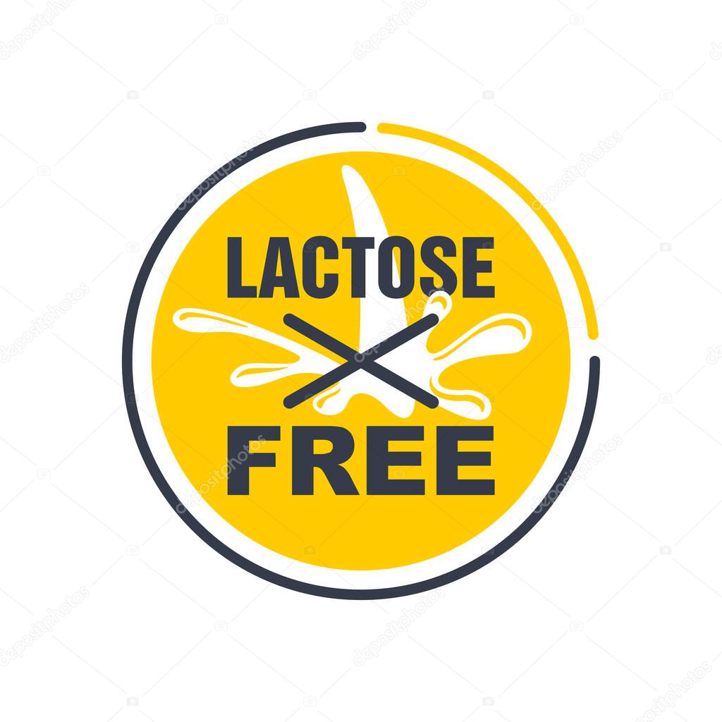 Lactose free stamp - emblem with crossed milk splashes - unavailability of ingredient marking for healthy food packaging