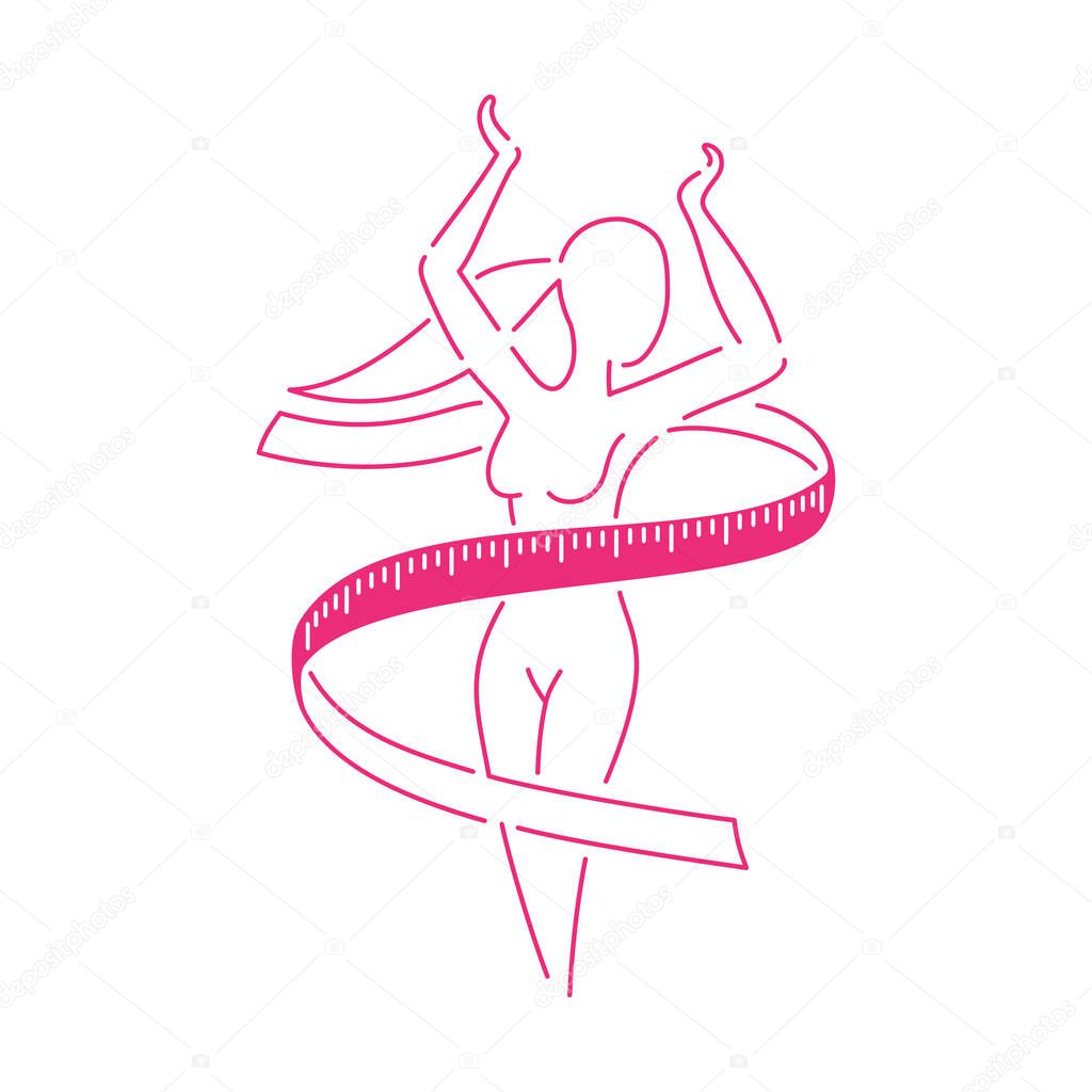 Weight loss - fitness or diet program logo (isolated icon) - abstract thin line woman silhouette (fat and shapely figure) with measuring tape around