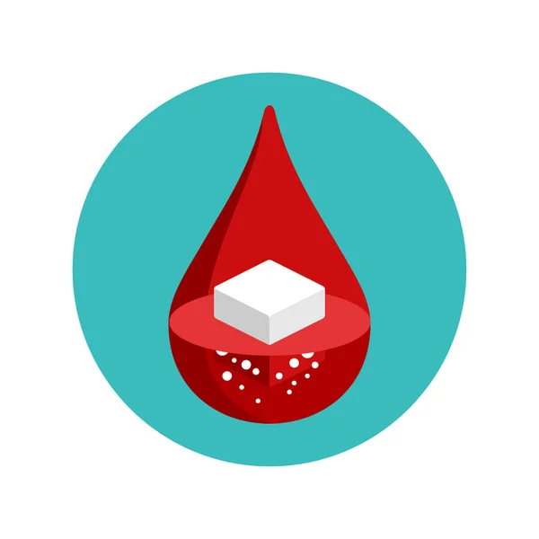 Icono de la diabetes - cubo de azúcar dentro de gota de sangre — Vector de stock