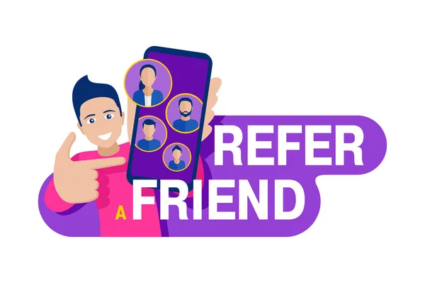 Refer a friend - happy man holding phone — Stock Vector