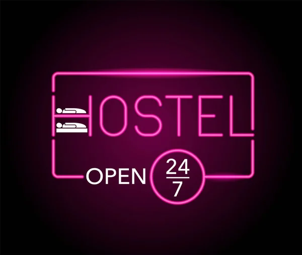 Hostel otevřeno 24-7 v neonové světlo dekorace — Stockový vektor