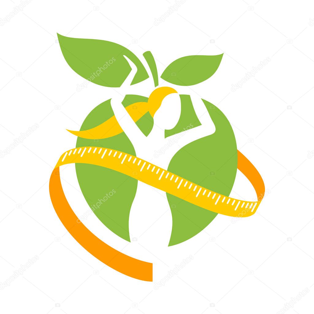 Diet food logo - Intermittent fasting special dieting pictogram for weight loss (for icon or logo template) - slim fitness female silhouette winded by measuring tape - isolated modern emblem