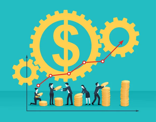 Equipo de personas con monedas de dinero pila, gráfico y equipo — Archivo Imágenes Vectoriales