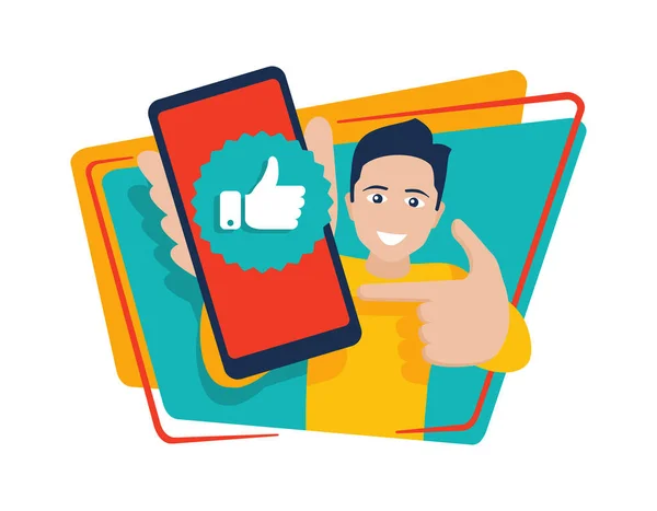 Happy man holding phone with thumbs up (like) icon — Stockový vektor