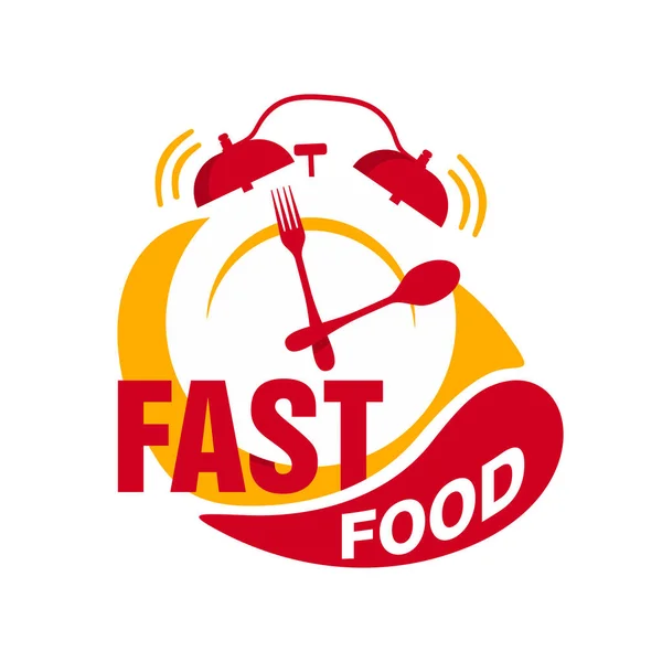 Logotipo de comida rápida - despertador vermelho, colher e garfo — Vetor de Stock